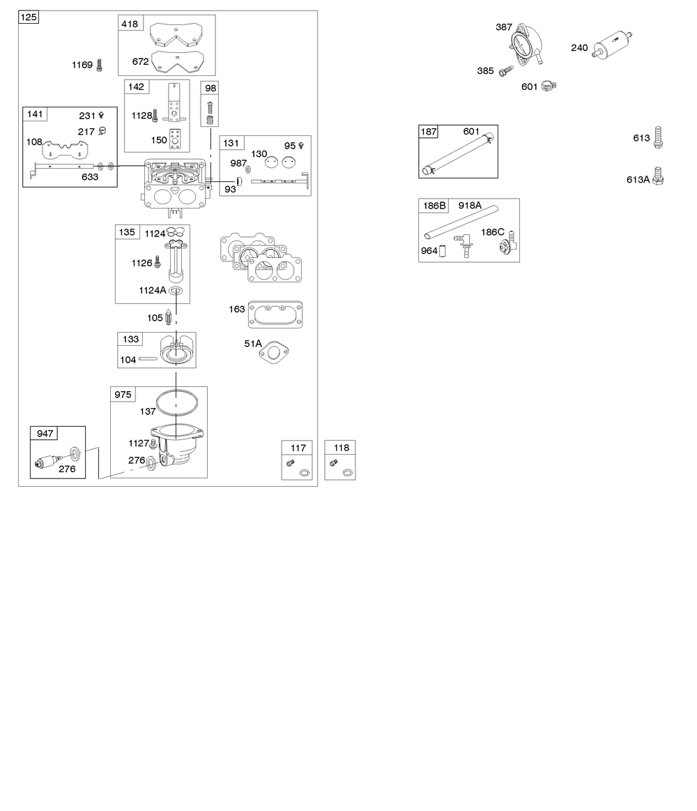 Carburetor, Fuel Supply Diagram and Parts List for 44Q977-0277-B1 400000 - 699999 Briggs and Stratton Engine